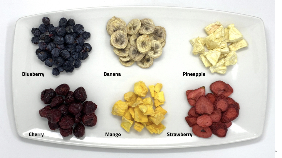 Some ingredient examples of the SAUNA DFD Freeze Drying Process -better structure (crunch), color and flavor of any other product