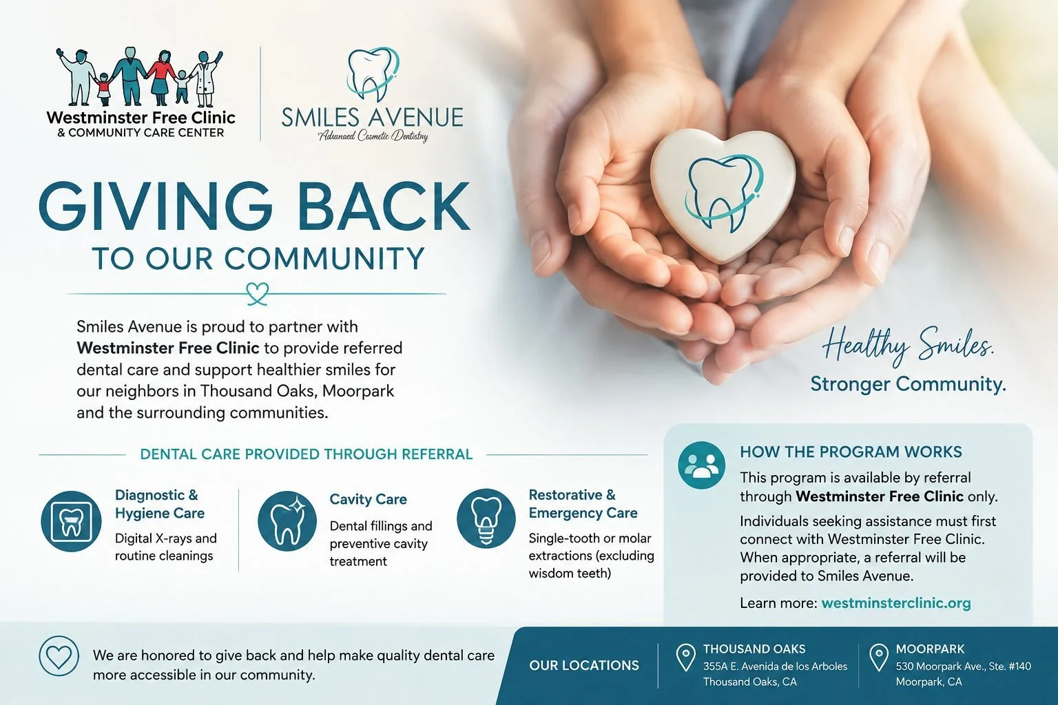 Smiles Avenue partnership with Westminster Free Clinic providing referred dental care in Thousand Oaks and Moorpark