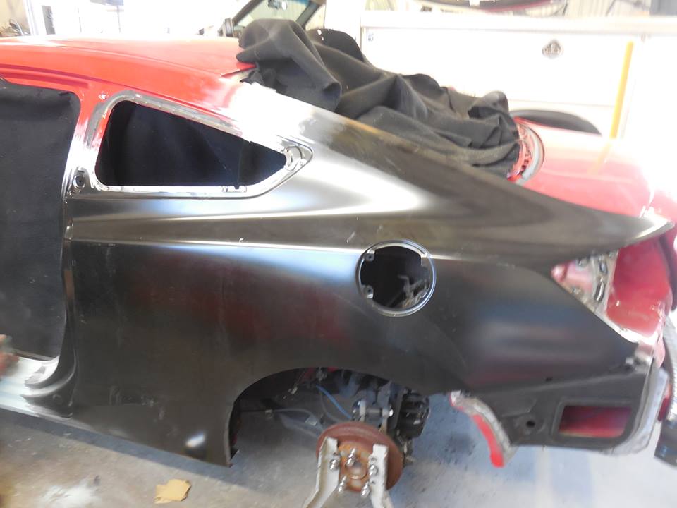 2012 Red Honda Civic Rear Quarter Panel Dent Repaired Primer Layer