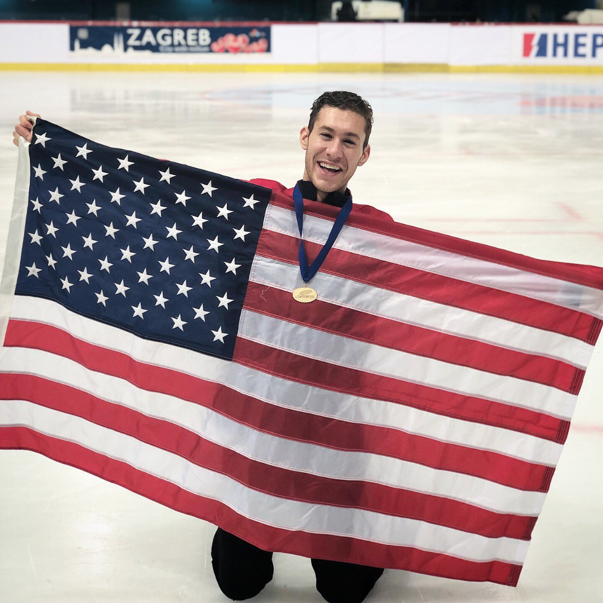 Jason Brown (USA) celebrating his win at the Golden Spin of Zagreb ( Photo credit: Jason Brown )