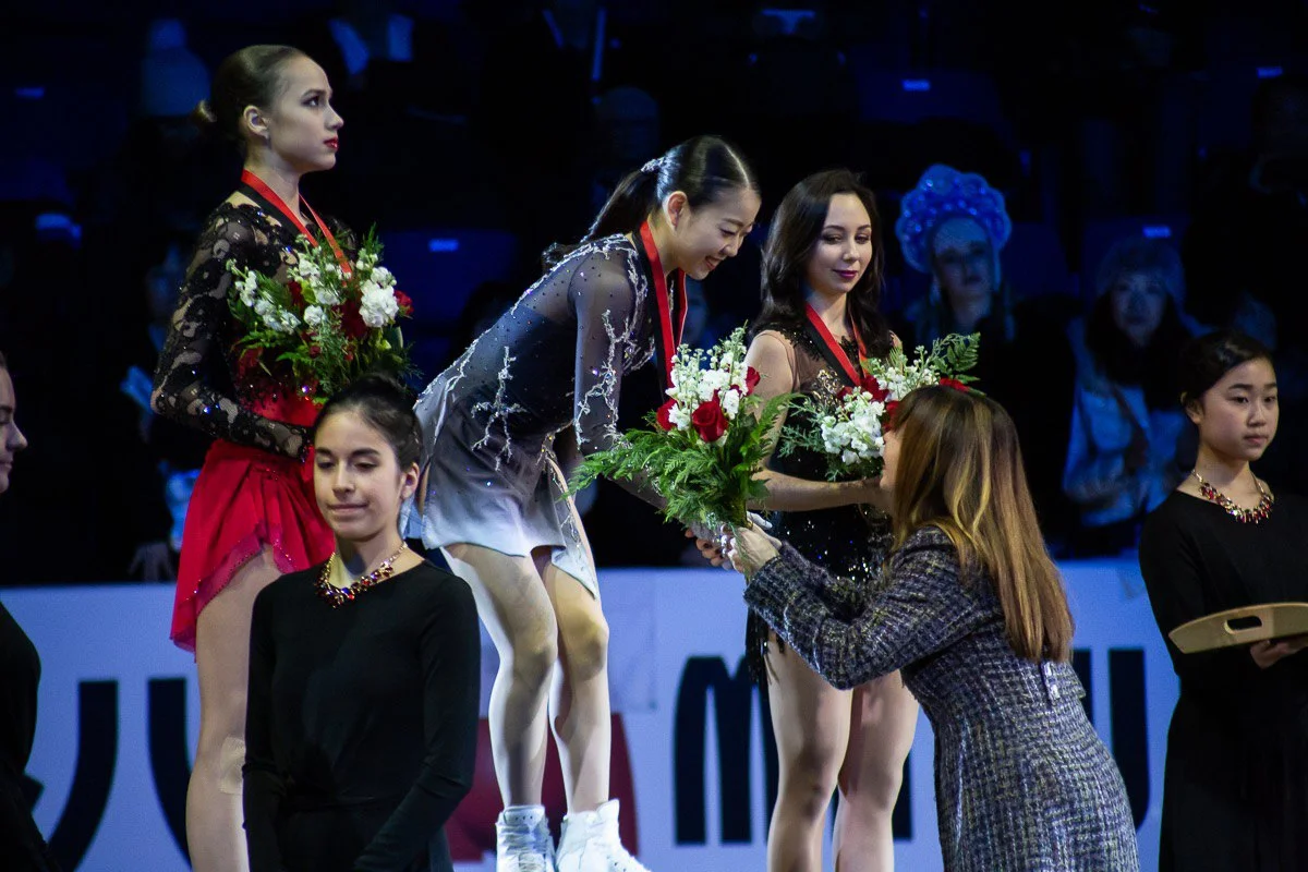 The 2018 GPF Senior Ladies Podium at the Victory Ceremony ( Photo credit: Kat )