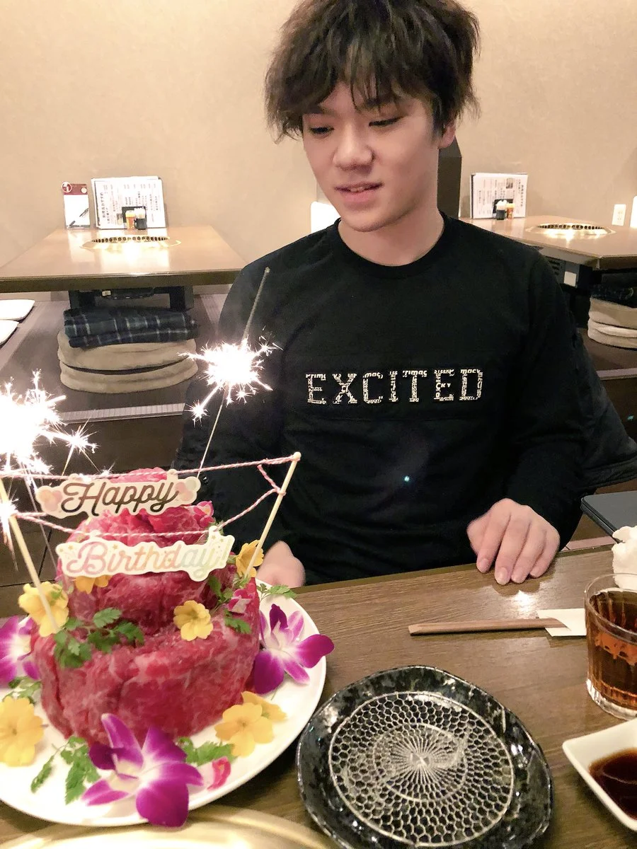 Shoma Uno (JPN) celebrating his birthday with the food he loves best: meat! (Photo credit: Itsuki Uno )