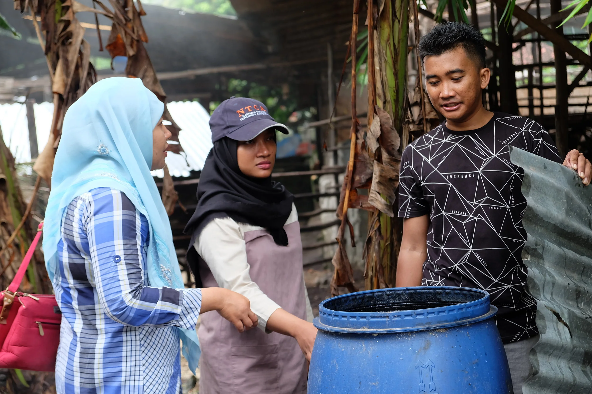 Dr Yenny Nur Angraenny and Febrina Prameswari discuss a liquid smoke trial to protect plants and animals against insects with group leader Pak Suwandi.