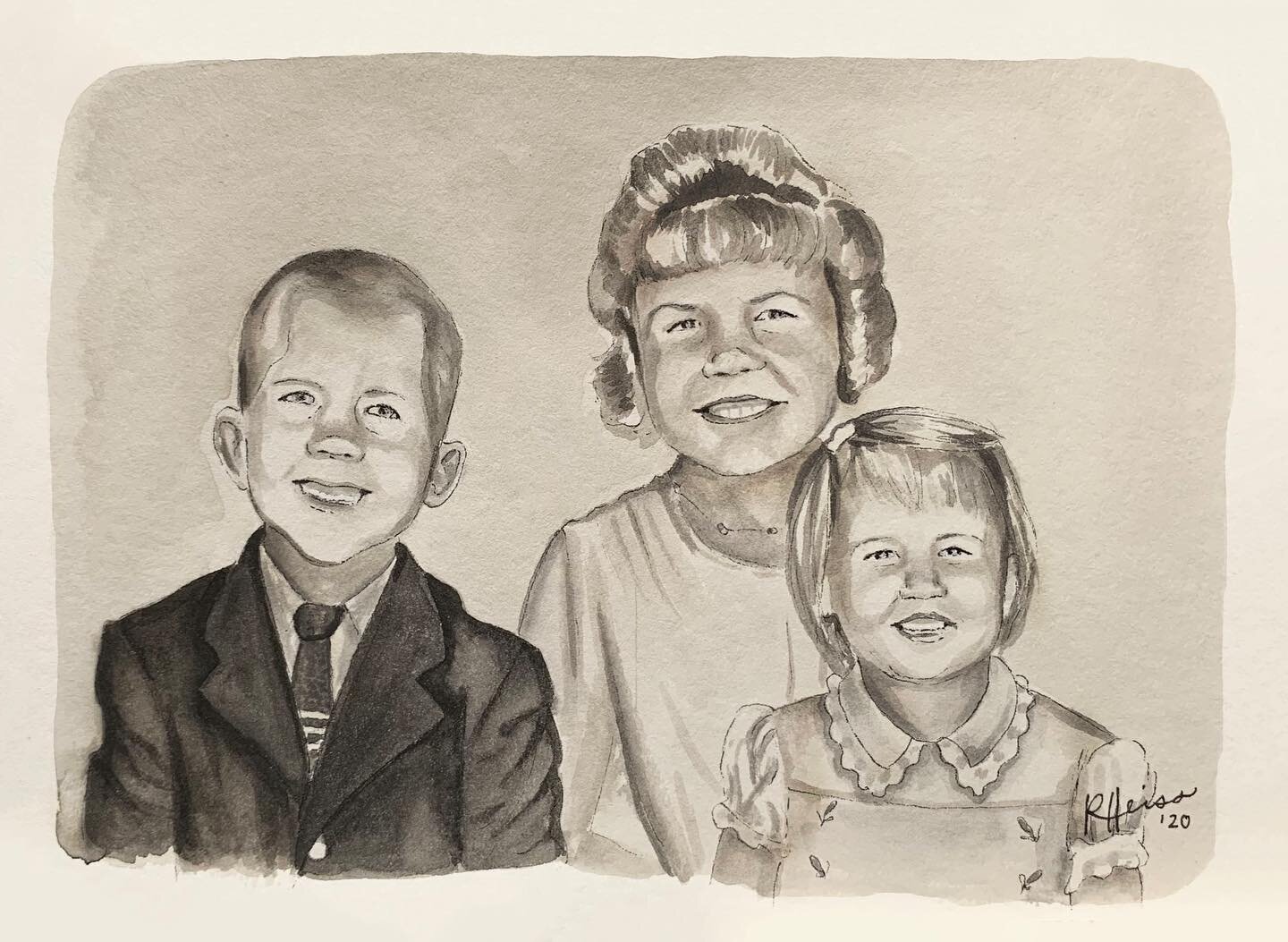 A black and white/sepia-ish painting of siblings 🖤🧑🏻&zwj;🎨