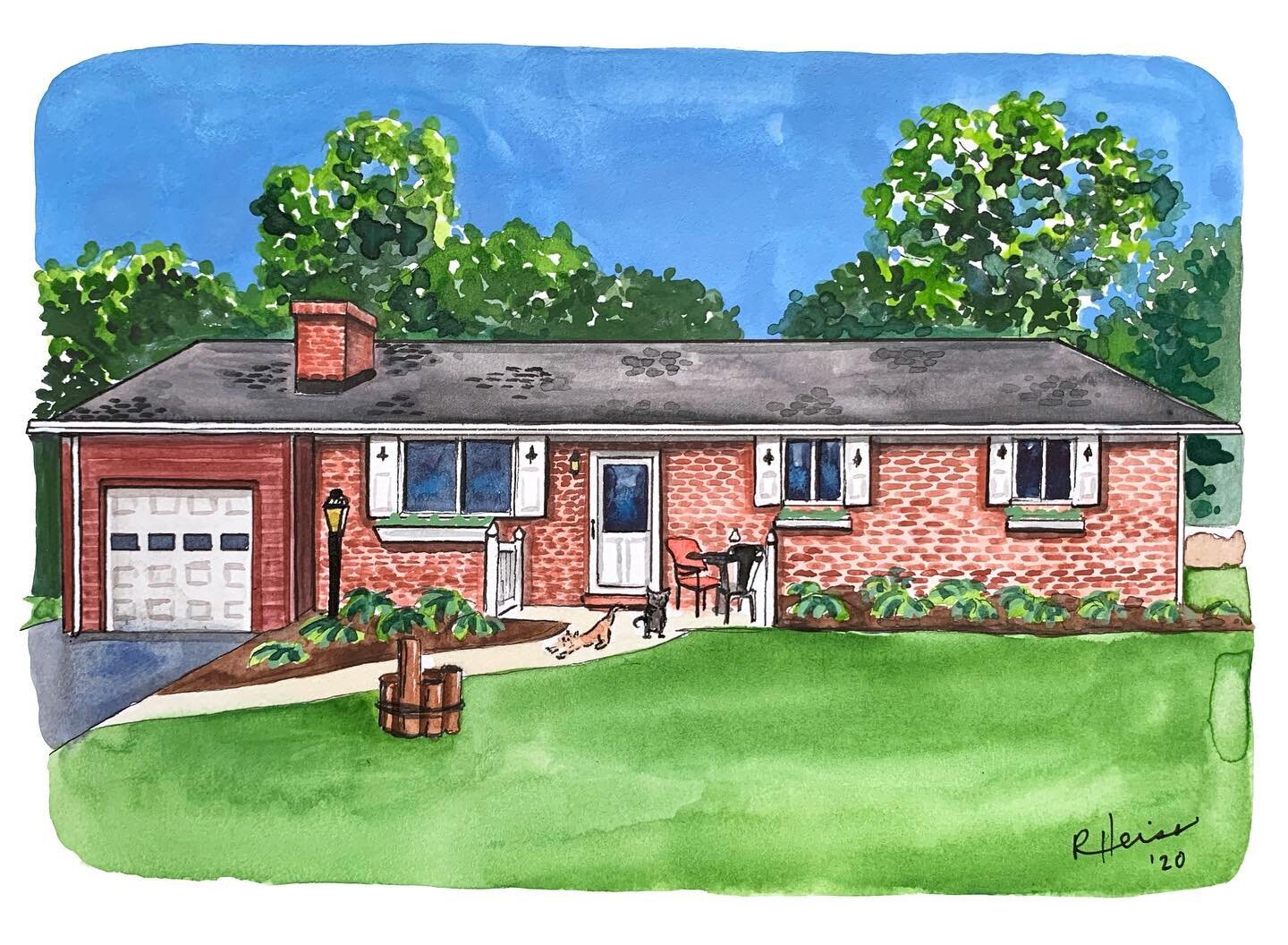 Another holiday house portrait! 5x7, watercolor and gouache on Bristol board. Favorite parts: the brick, the keyhole details in the shutters, and the two cats at the front entryway!