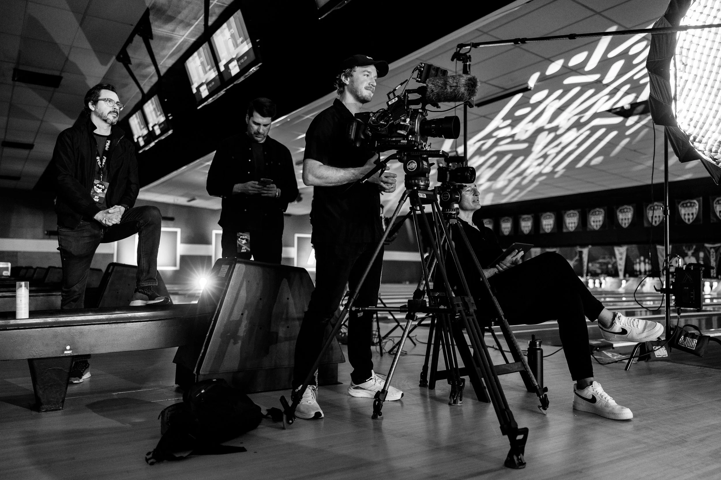 Seattle-based Cinematographer Tom Pittenger filming with Isaac Solotaroff, Director's James Lee Hernandez and Brian Lazarte on the HBO Original Docuseries, Born to Bowl.