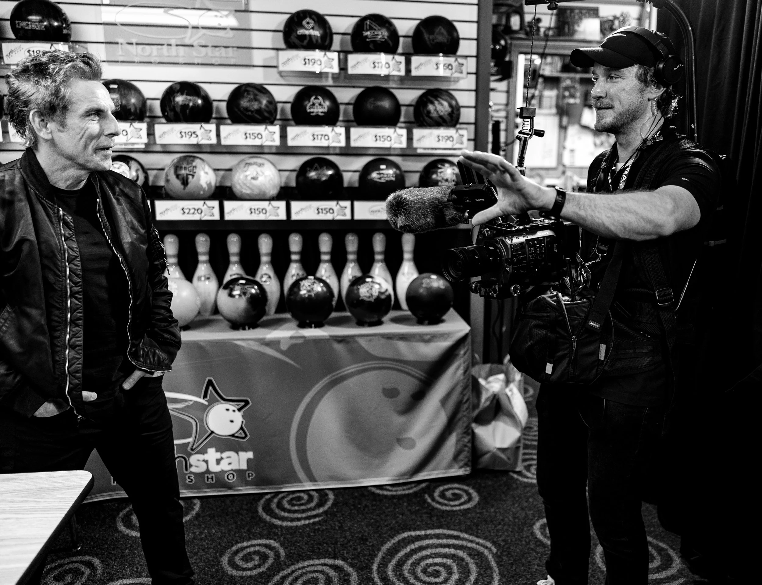 Tom Pittenger and Ben Stiller filming on set for the HBO original docuseries, Born to Bowl