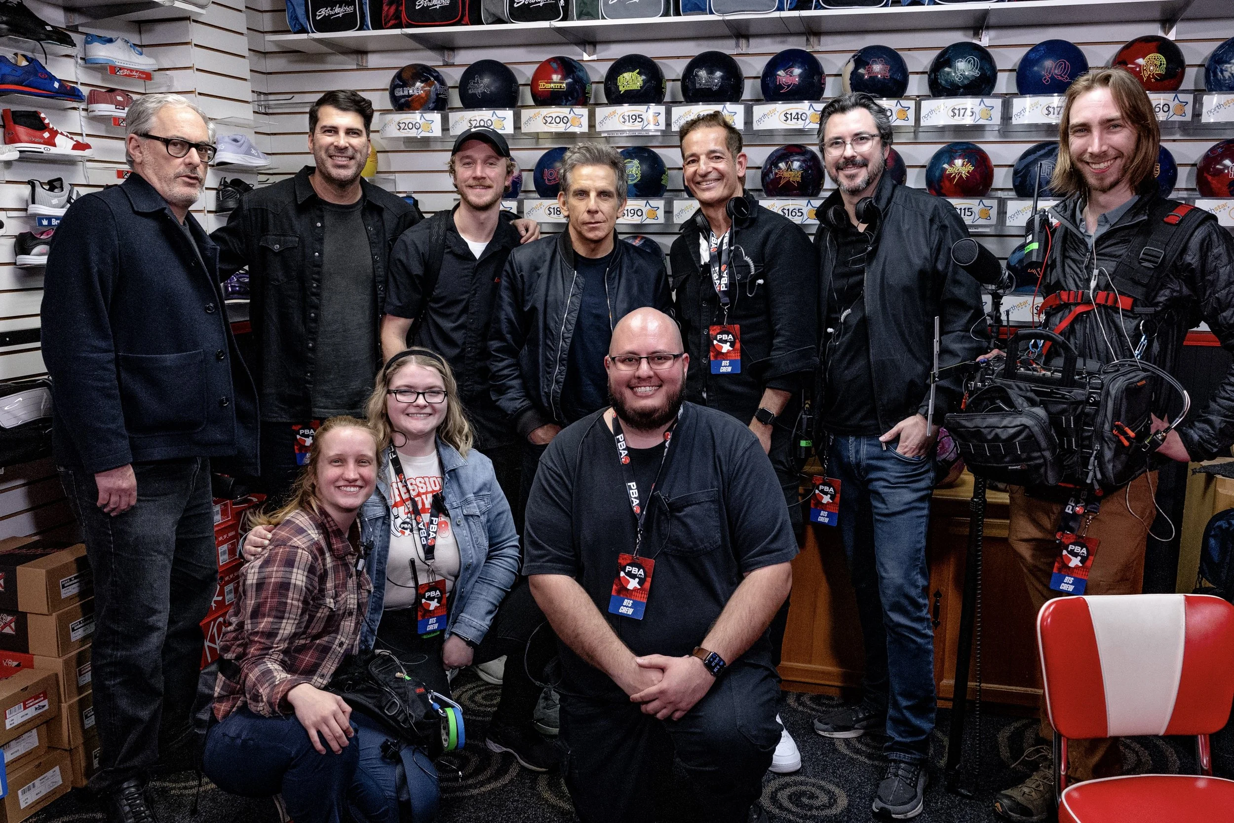 John Lesher, James Lee Hernandez, Tom Pittenger, Ben Stiller, Isaac Solotaroff, Brian Lazarte, Stew Hering, Bailey Rodgers, Zachary Niton on set for the HBO original docuseries Born to Bowl.