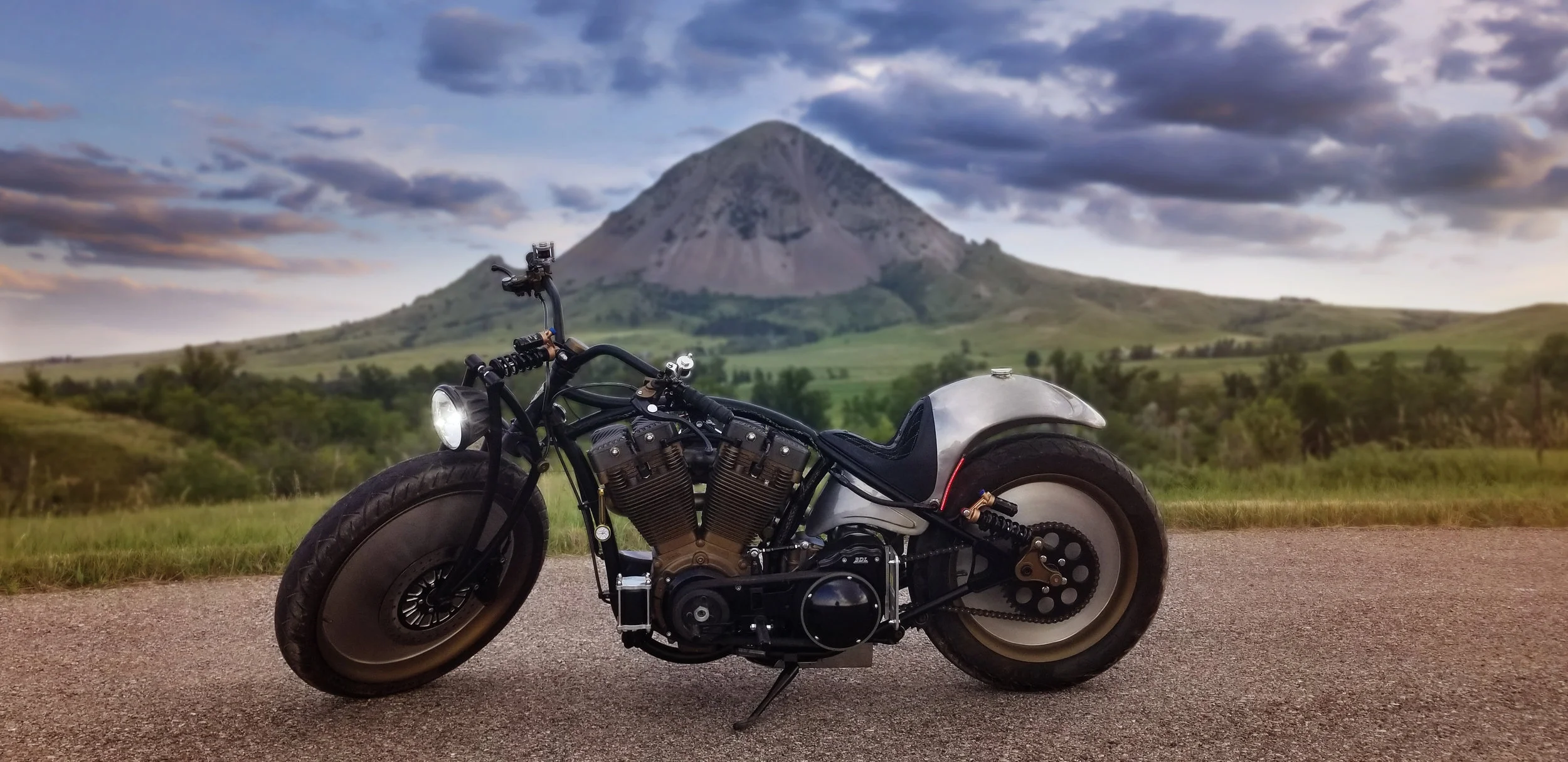 Custom V-twin motorcycle built for music artist Pink, featuring a minimalist frame, exposed engine, and custom metalwork.