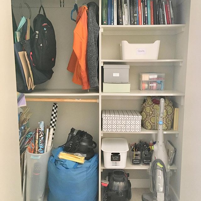 It&rsquo;s not a remarkably beautiful or interesting hall closet, but it is definitely functional now ✨ Swipe for the decidedly not functional before.