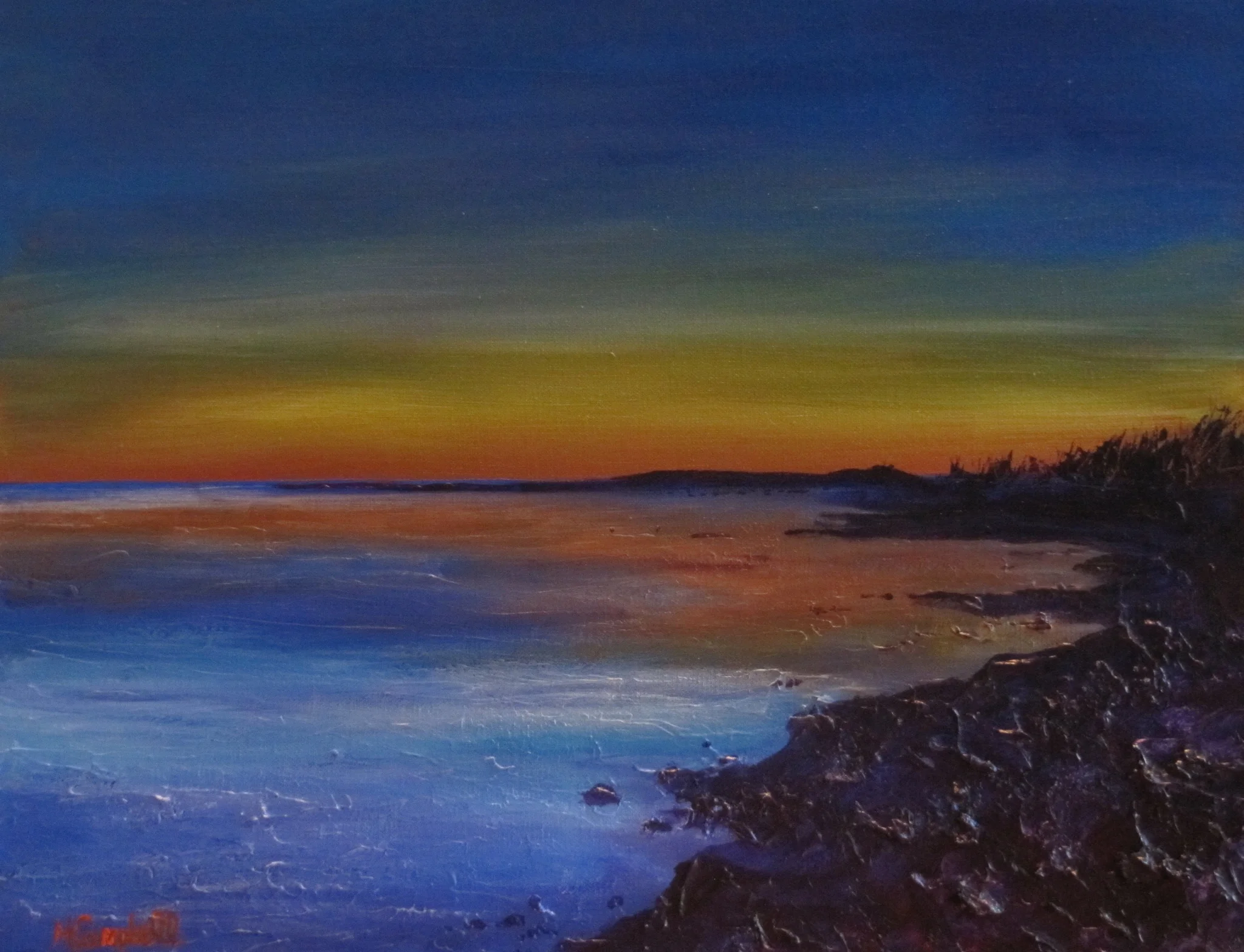 aberlady bay rocks sea seascape landscape acrylic paint sunset sky reflection wave still water paintings sale UK