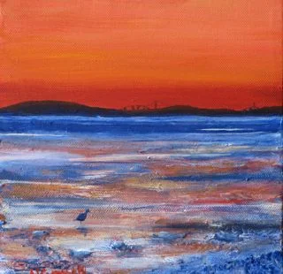 North berwick northberwick Acrylic orange blue reflection matt facade painting front signature seascape beach pier sand sky hills oystercatcher water sea