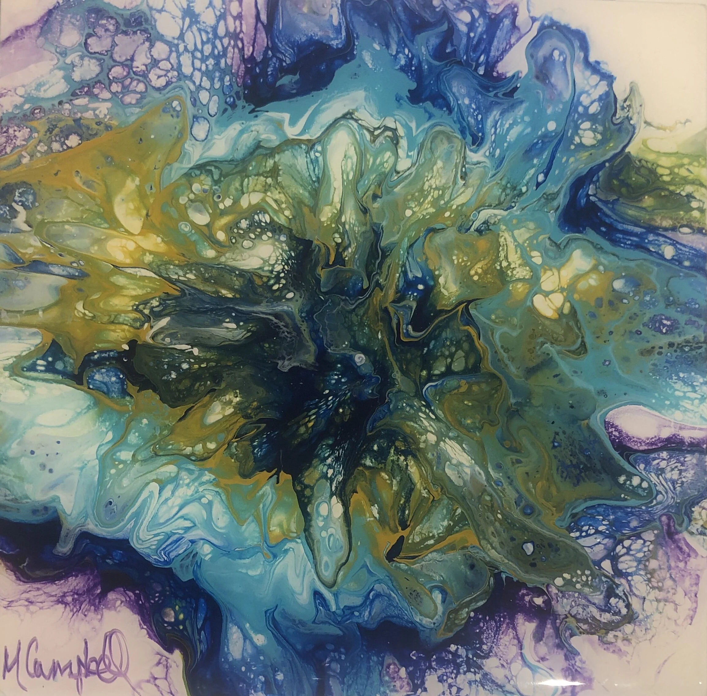 Impact Acrylic pour abstract green white blue turquoise reflection shine floetrol oil facade top