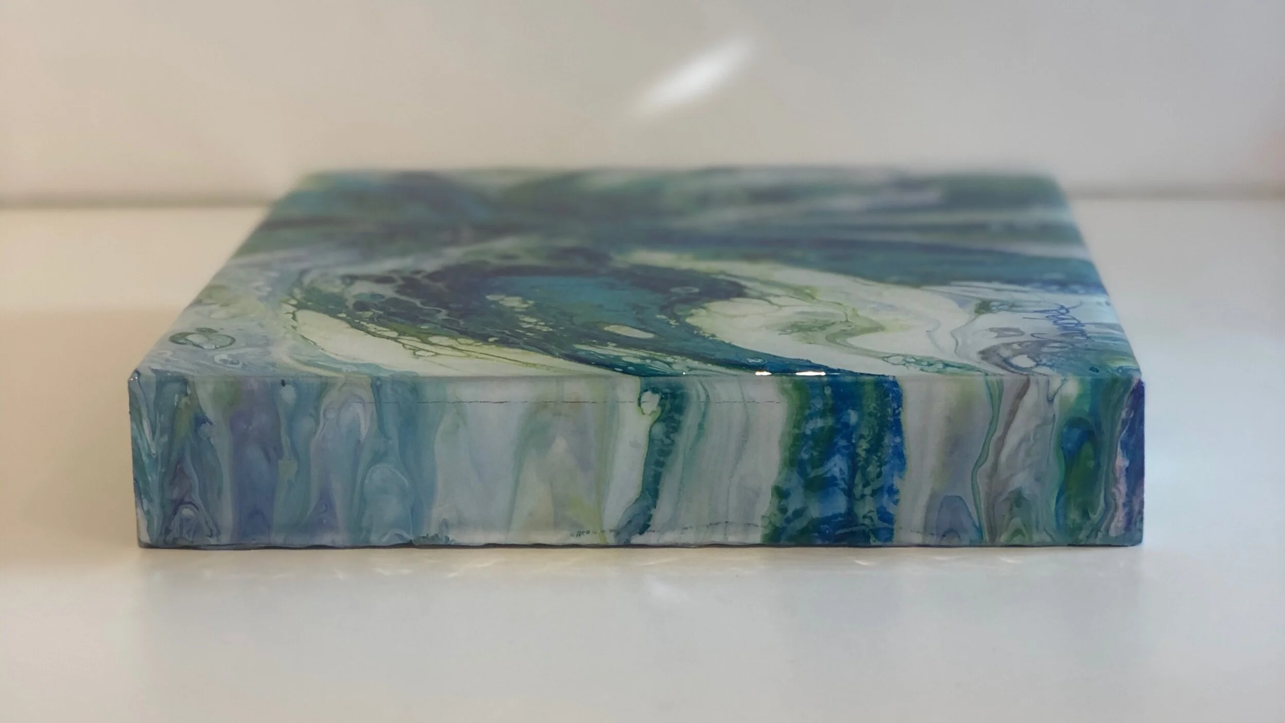 Impact Acrylic pour abstract green white blue turquoise right