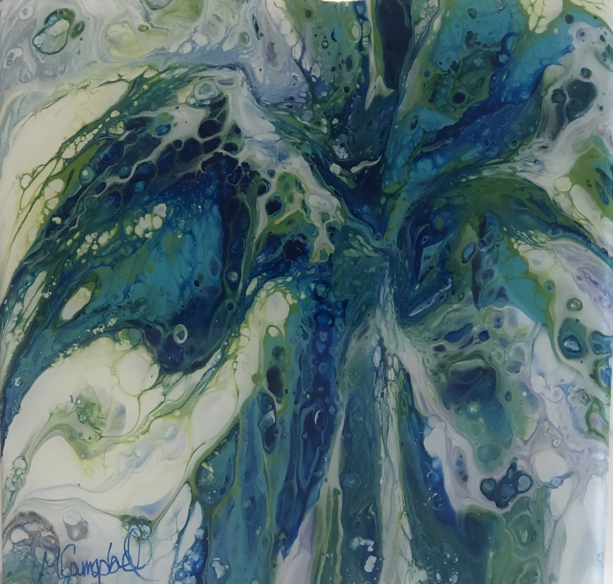 Impact Acrylic pour abstract green white blue turquoise