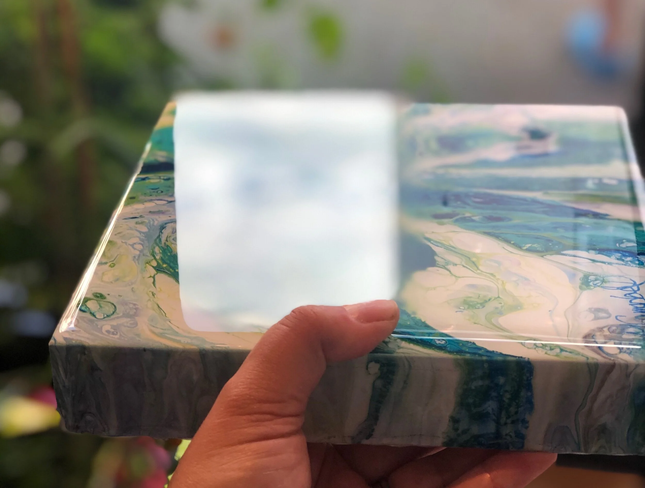 Impact Acrylic pour abstract green white blue turquoise reflection shine floetrol oil