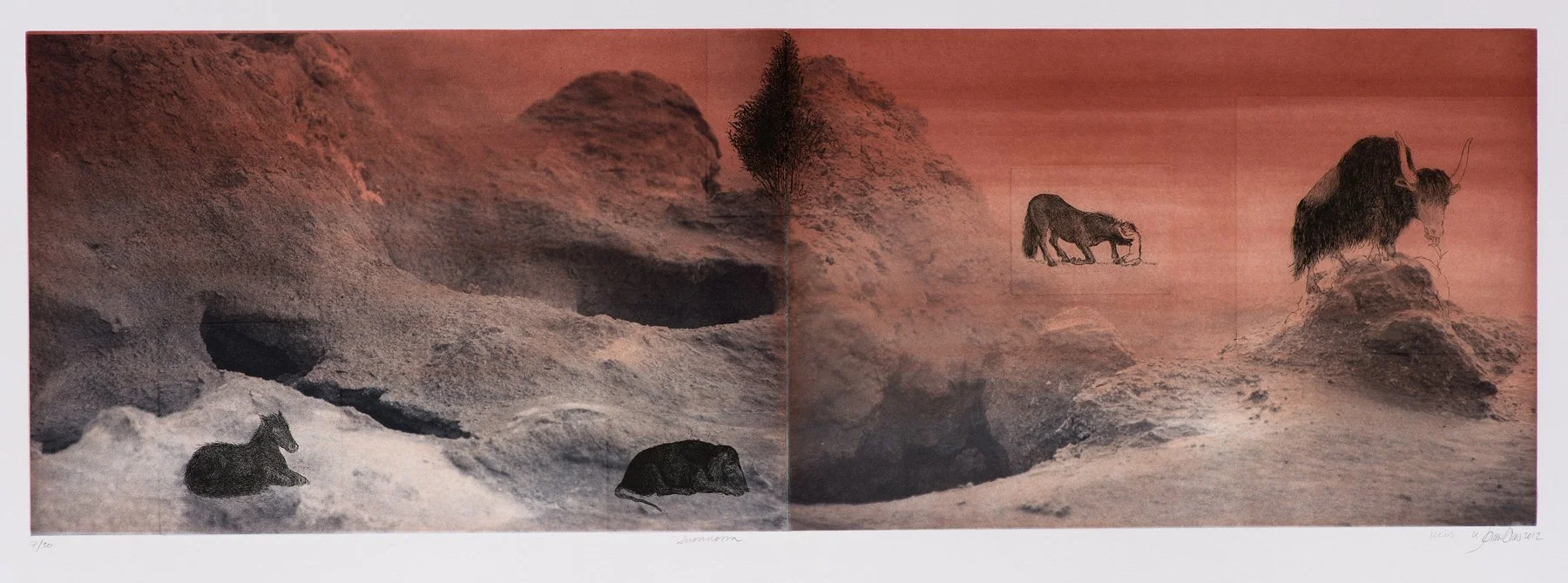 Laine ja Heiskanen, Luonnossa, 2012, polymeerigr, akv, ets, kuivaneula, 40x120cm.jpg