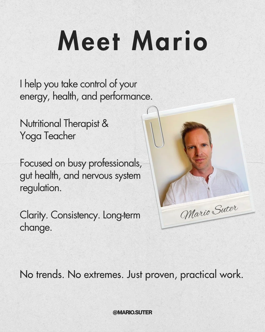 Helping you take control of your energy, health, and performance
Nutritional Therapist &amp; Yoga Teacher
Gut health &bull; Nervous system &bull; Busy professionals
&darr; Book a free call or dm me here.
mariosuter.com

#nutritionaltherapy 
#guthealt