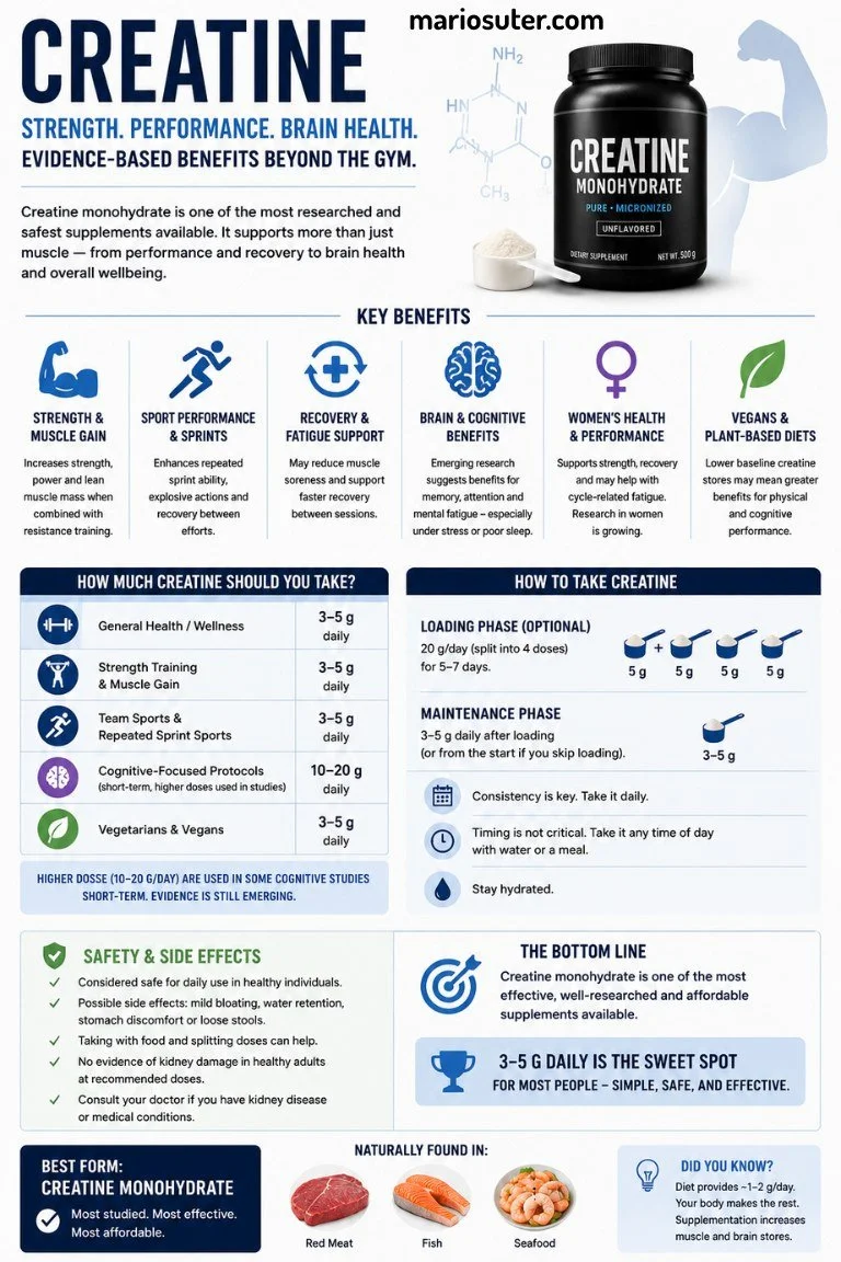 Creatine benefits infographic showing muscle gain, strength, brain health, recovery, dosage recommendations, cognitive benefits, women’s performance, and creatine monohydrate safety information.