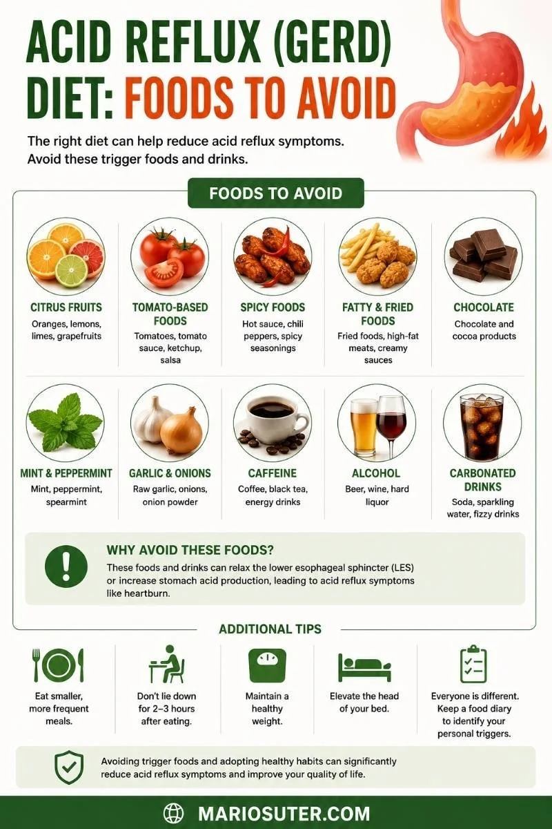 An infographic cheat sheet detailing the worst foods to avoid for acid reflux, GERD, and heartburn relief.