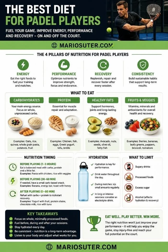 Visual infographic guide detailing the best diet for padel players, including pre-match meals, hydration strategies, and tournament nutrition.