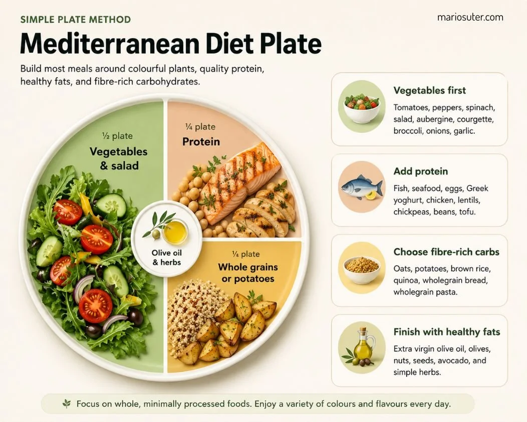 Mediterranean diet plate showing vegetables, protein, whole grains or potatoes, olive oil and healthy fats