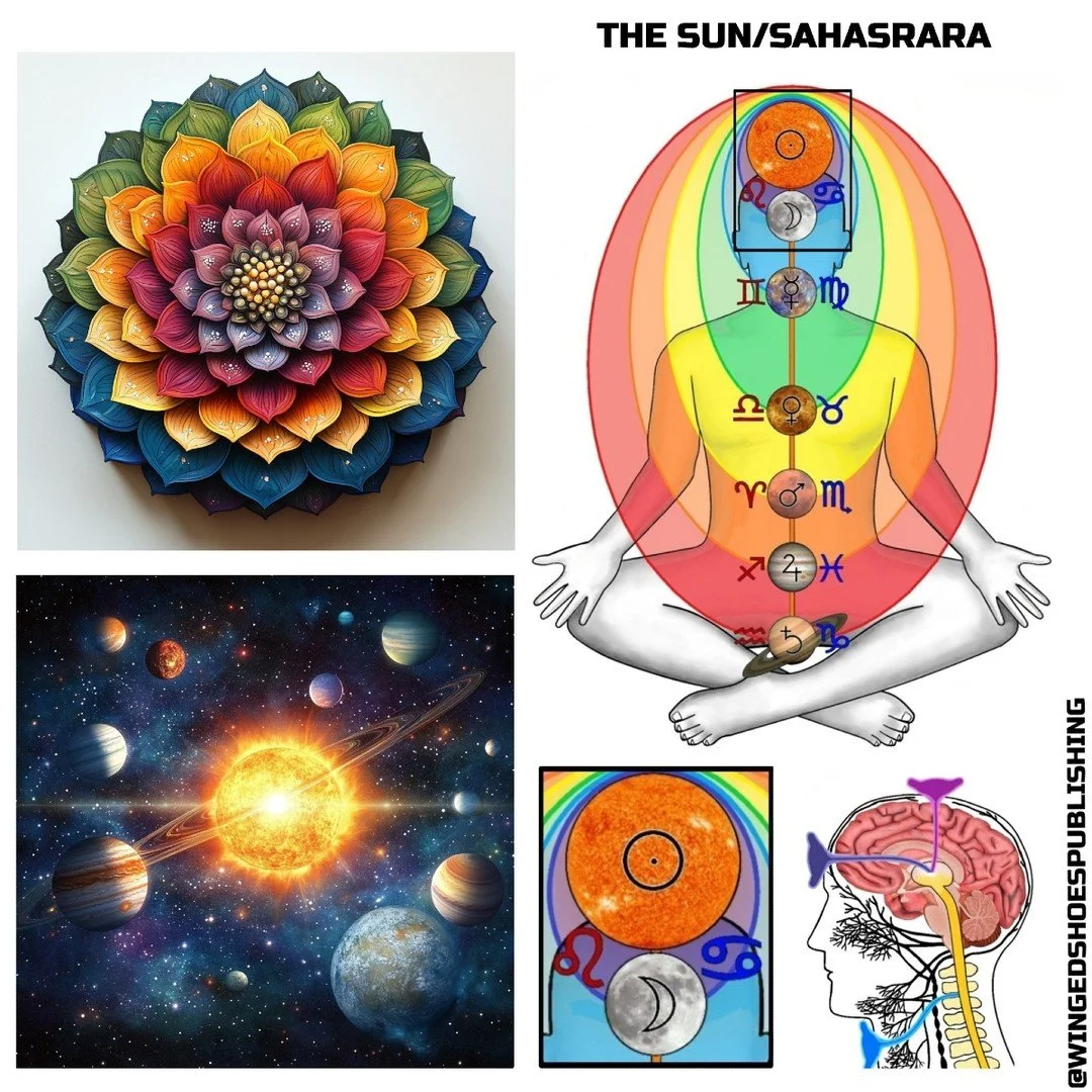 "The Sun/Sahasrara
The Sun Planet (Surya in Sanskrit) is the Planet of imagination, inspiration, Spirituality, and transcendence. The Sun is the source of Pranic energy that gives life, Light, and warmth to all living things in our Solar System.