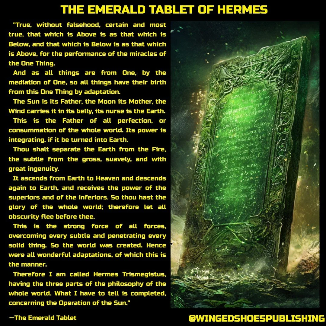 "The Emerald Tablet, also known as "Tabula Smaragdina," is said to be a tablet of emerald or green stone inscribed with the secrets of the Universe, namely the process of Creation. It is a part of the Hermetica, which also contains the