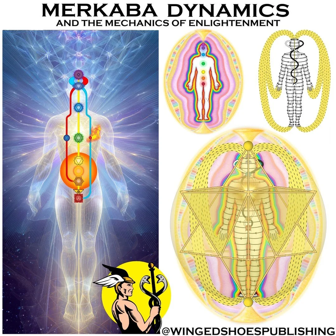 MERKABA DYNAMICS 
"The Chakric system's centre is in the Heart Chakra, Anahata; the two counterrotating Tetrahedrons of the Merkaba are suspended at its level. The Light emanating from the Heart Chakra causes the Merkaba Tetrahedrons to spin. Fo