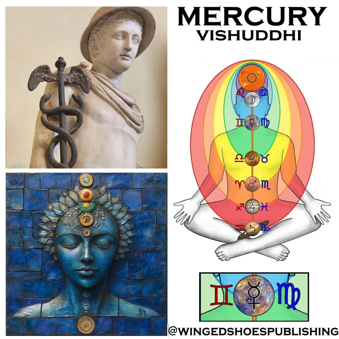 MERCURY/VISHUDDHI
"Mercury (Budha in Sanskrit) is the Planet of logic, reason, and communication, corresponding with the masculine Vishuddhi Chakra and the Spirit Element. Since it relates to thought processes, Mercury has an affinity to the Air