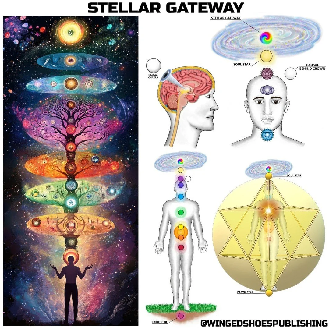 "The Stellar Gateway Chakra, Vyomanga (Sanskrit for "Heavenly Being"), is about twelve inches above the top of the head, directly above the Soul Star and Crown Chakra. The colour of this Chakra is pure gold or rainbow (when activated).