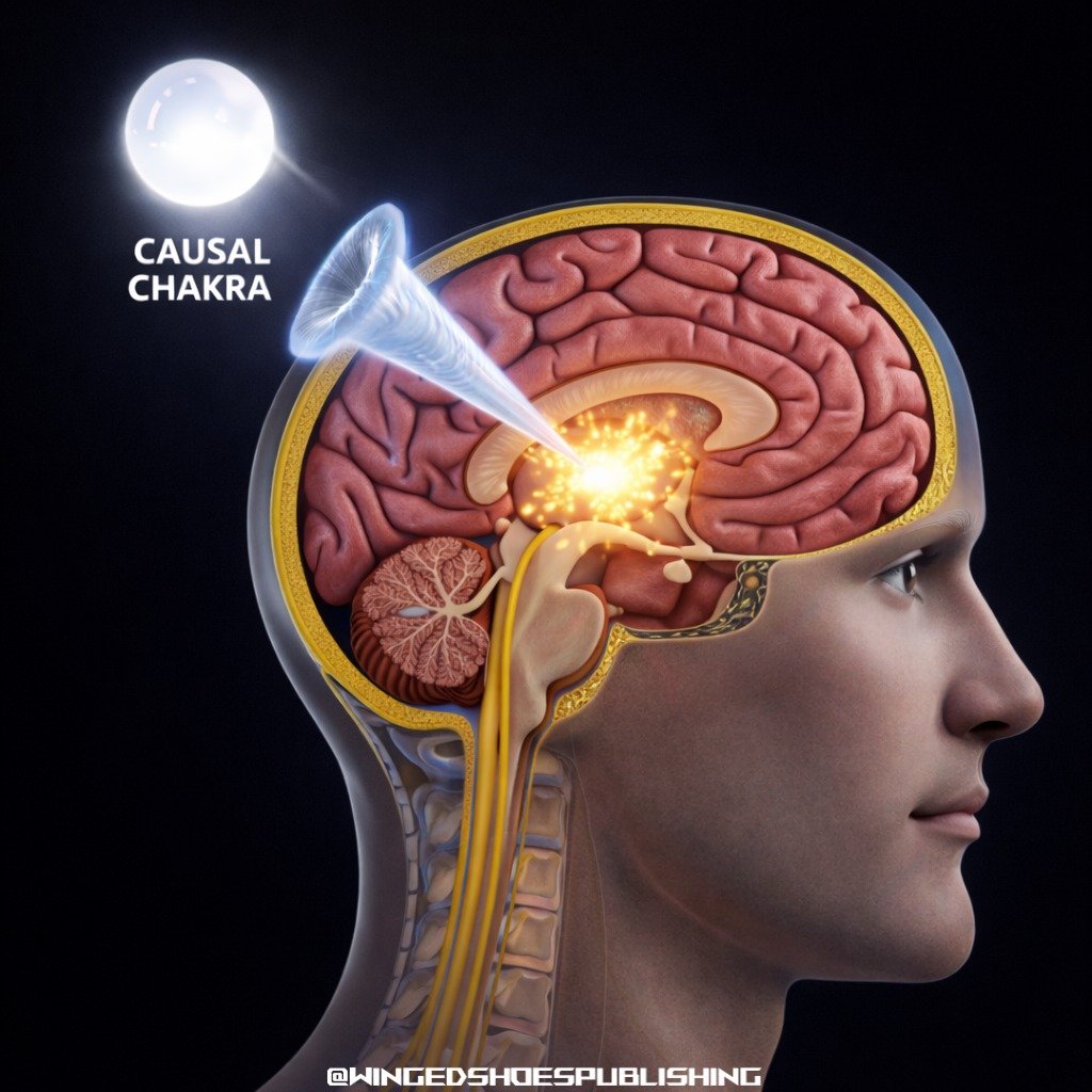 "The Causal Chakra is a highly advanced energy center located approximately two to three inches behind the crown of the head, aligned with the Sahasrara Chakra and accessed through the Bindu point within the skull. The Bindu serves as the gatewa