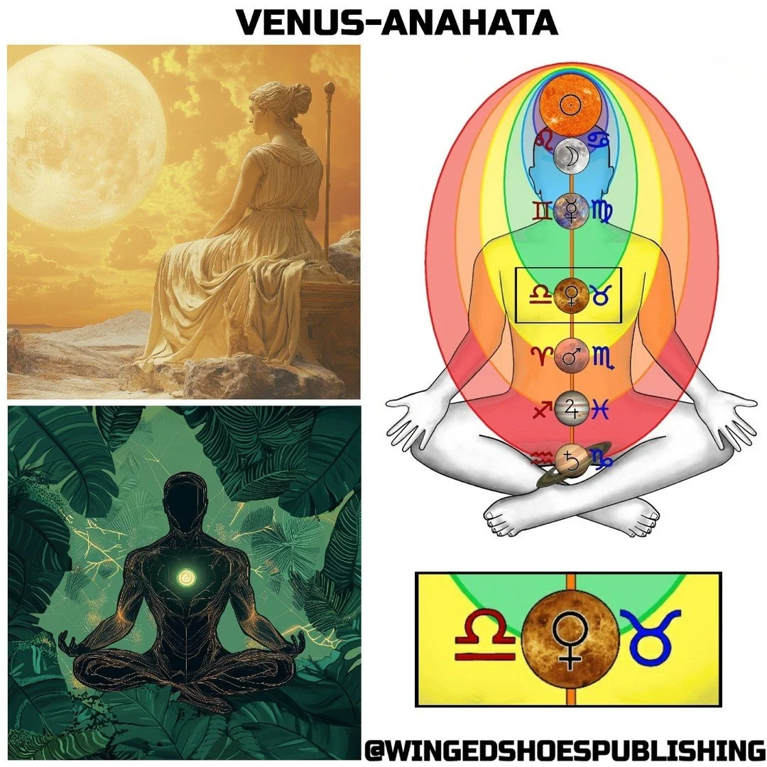 "Venus/Anahata
The Planet Venus (Shukra in Sanskrit) is the Planet of love, desire, and pleasure. Venus is a joyful and benign Planet that brings luck in friendships and romantic relationships. It rules over our capacity to accept and express af