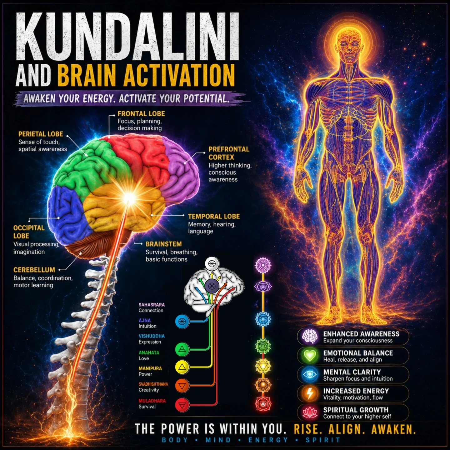 "With a full Kundalini awakening, as the energy rises through the spinal cord, large amounts of high-octane energy reach the brain. This energy flows from the Reticular Formation to the Thalamus and into the Cerebral Cortex, awakening dormant, i