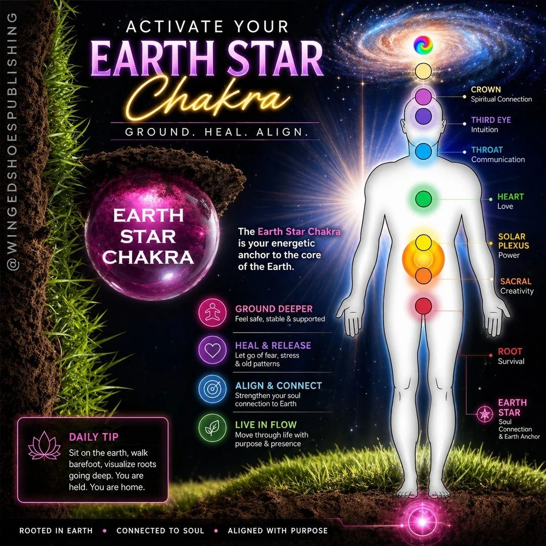 "The Earth Star Chakra is approximately six inches below the feet. Otherwise called the "Super-Root", this Chakra assists in grounding and connecting us to Planet Earth since it makes direct contact with the ground. The Earth Star acts
