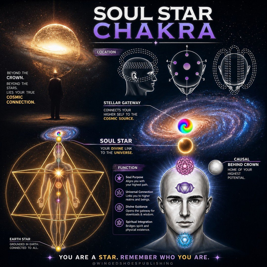 "The Soul Star Chakra, Vyapini (Sanskrit for "All-Pervading"), is located about six inches above the top of the head, lining up directly with the Crown Chakra below it. The colour of this Chakra is golden-white. The Soul Star serves as