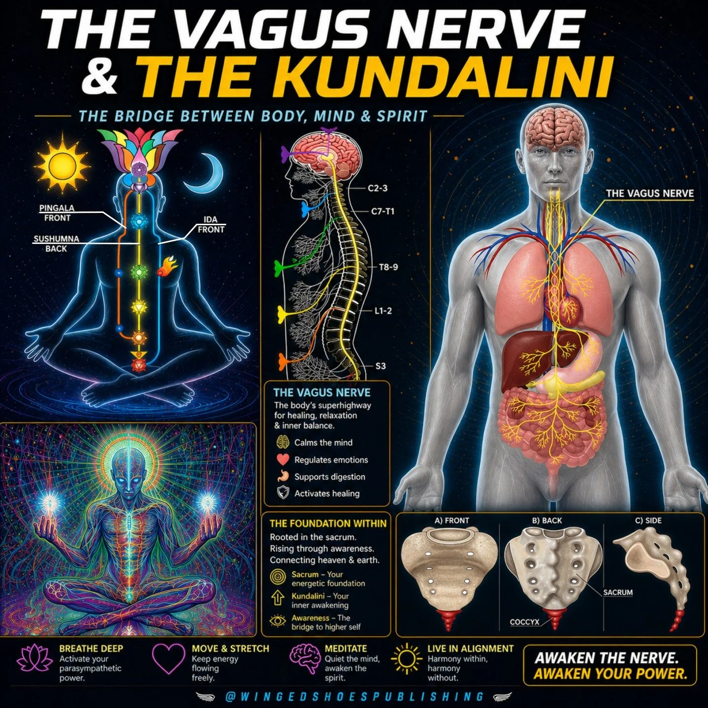 THE VAGUS NERVE AND THE KUNDALINI
"There are interesting similarities between the Vagus Nerve and the Kundalini worth examining. After seeing the correspondences, it will be self-evident that the Vagus Nerve complements the Kundalini awakening p