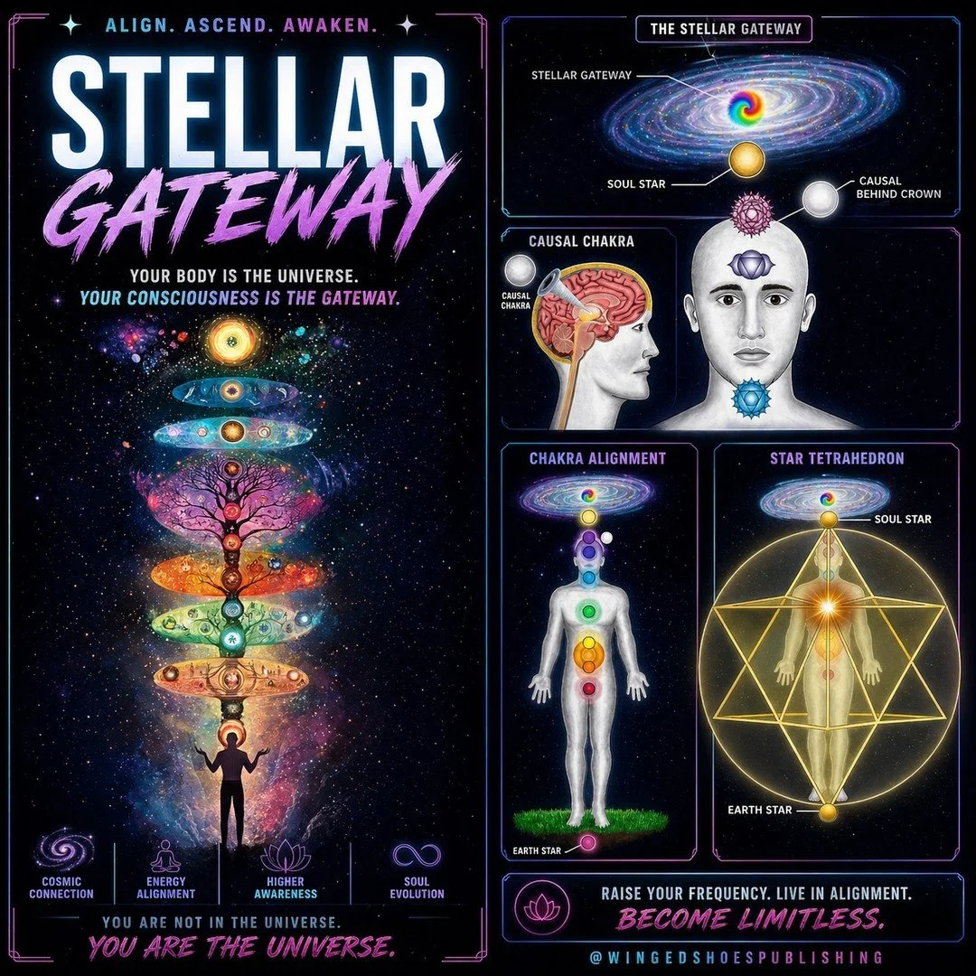 "The Stellar Gateway Chakra, Vyomanga (Sanskrit for "Heavenly Being"), is about twelve inches above the top of the head, directly above the Soul Star and Crown Chakra. The colour of this Chakra is pure gold or rainbow (when activated).