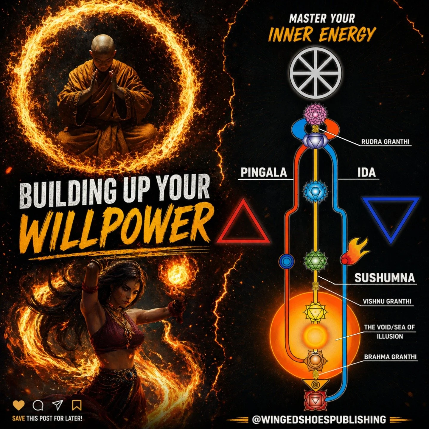 "You must build up your willpower using the Fire aspect of the Kundalini energy, which is channelled through the Pingala Nadi. Of course, it helps if you are already someone who deals with people and difficult situations with a certain degree of