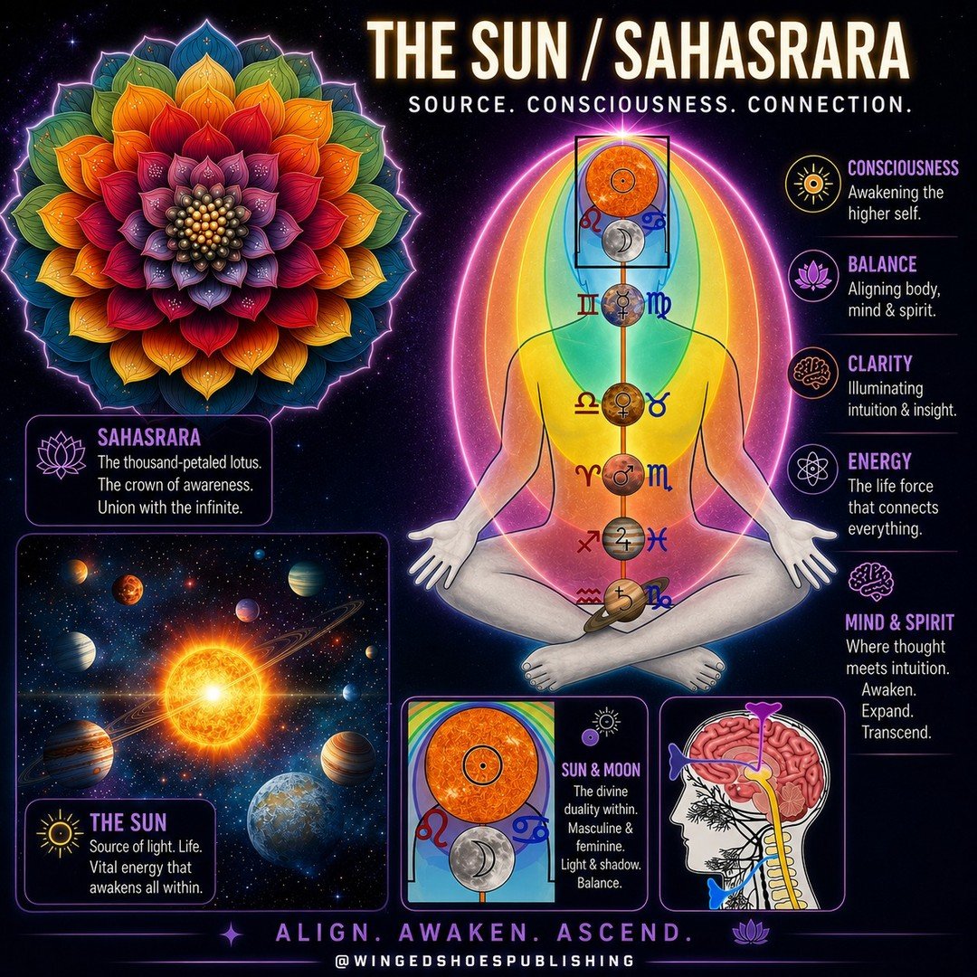 "The Sun/Sahasrara
The Sun Planet (Surya in Sanskrit) is the Planet of imagination, inspiration, Spirituality, and transcendence. The Sun is the source of Pranic energy that gives life, Light, and warmth to all living things in our Solar System.