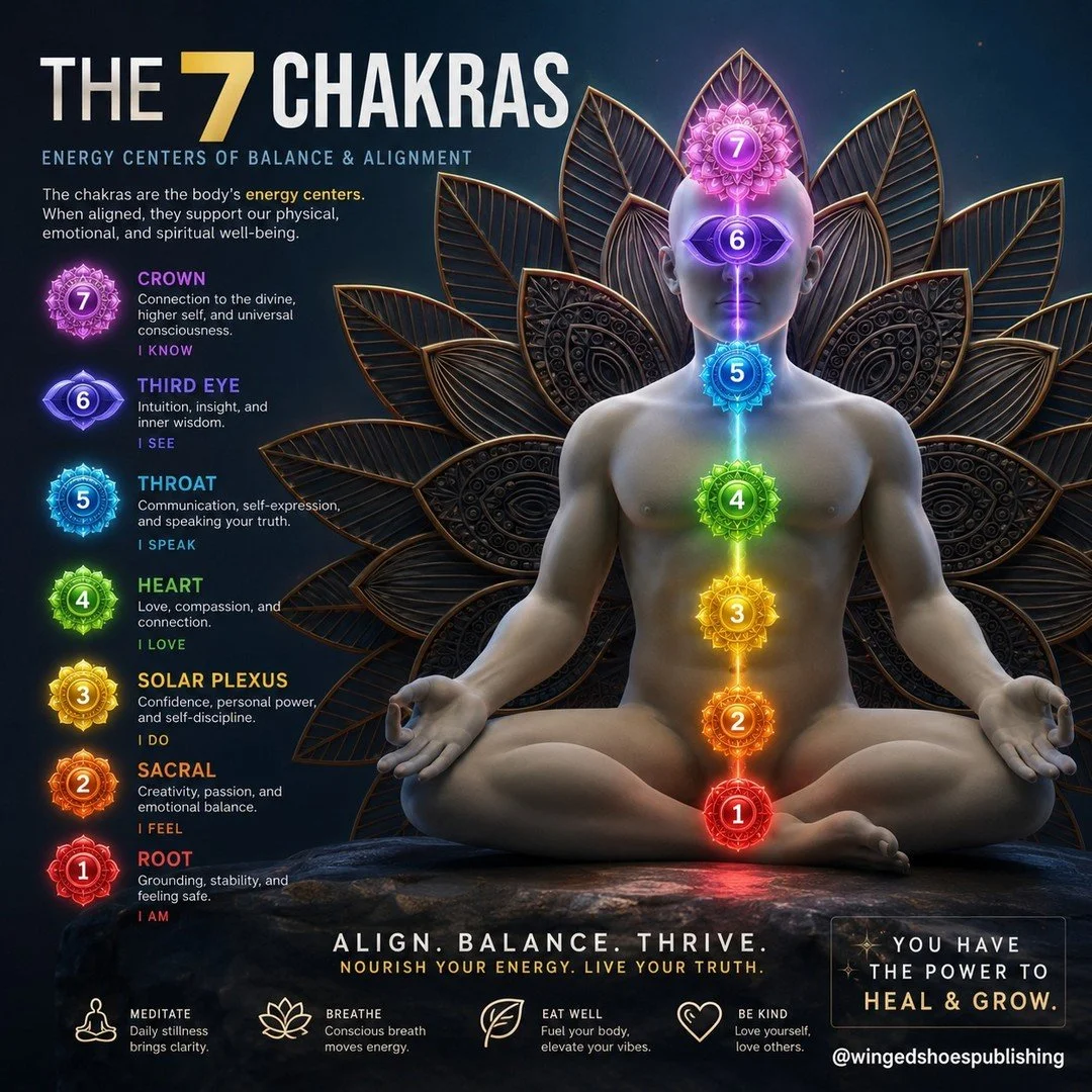 "Chakra is a Sanskrit word for "spinning wheel" or "vortex" and is an Eastern term. This word is used to describe the invisible energy centres along the spinal column, comprised of multi-coloured flowing energy. These are the