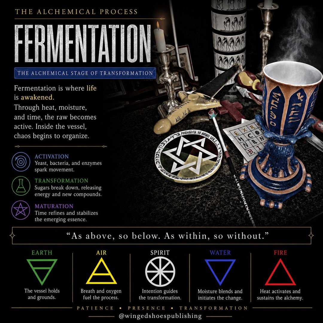 "Fermentation follows Conjunction and results from the Soul and the Spirit being reunited through the energy of unconditional love. Fermentation begins the Dark Night of the Soul, where we are to be reborn, metaphorically speaking. It is the rec