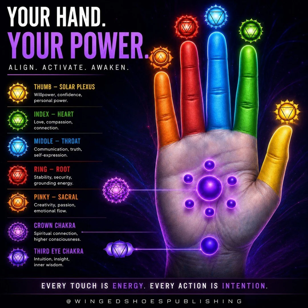 "The hand chakras are not isolated energy points&mdash;they are precise extensions of the entire Chakric system, mapped directly onto the hands themselves. Each finger corresponds to a major Chakra: the thumb to the Solar Plexus, the index finge