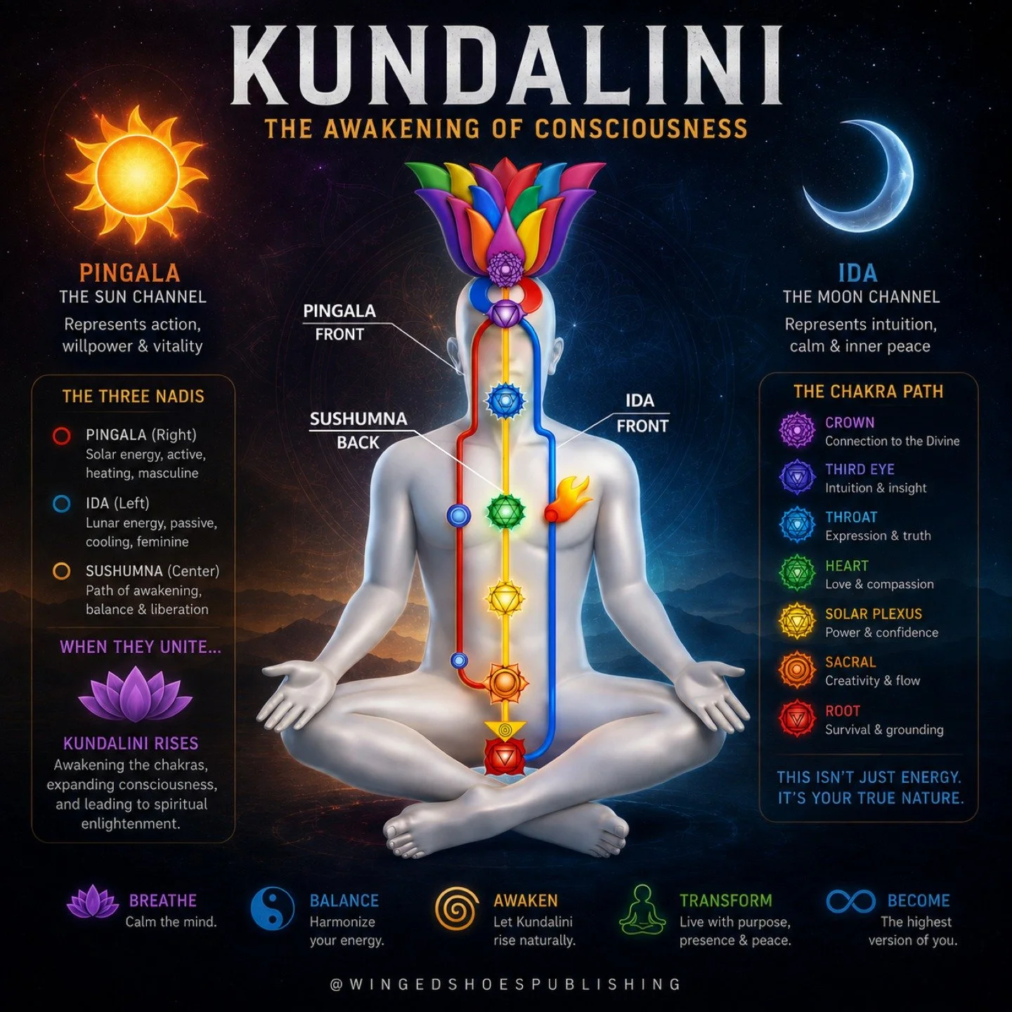"The Seven Chakras form the central axis of human consciousness&mdash;seven energy centers aligned along the spine, each governing a layer of experience. In their dormant state, they filter reality through instinct, emotion, and thought. But whe