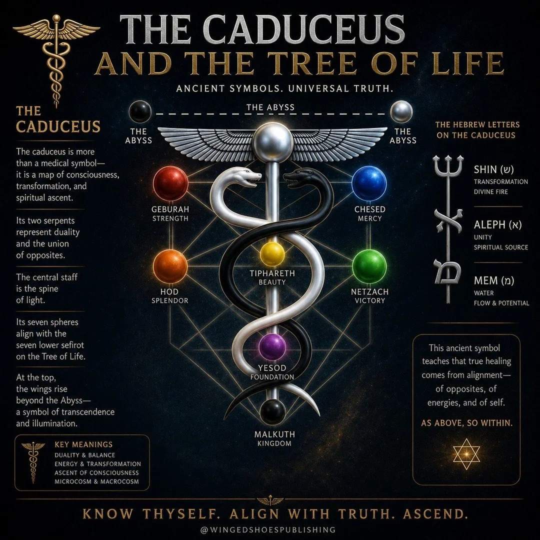 "The Caduceus of Hermes is not merely a symbol of healing&mdash;it is a complete map of the Tree of Life and the awakening of consciousness through the Sephiroth. The central staff represents the Middle Pillar, the pathway through which Divine e