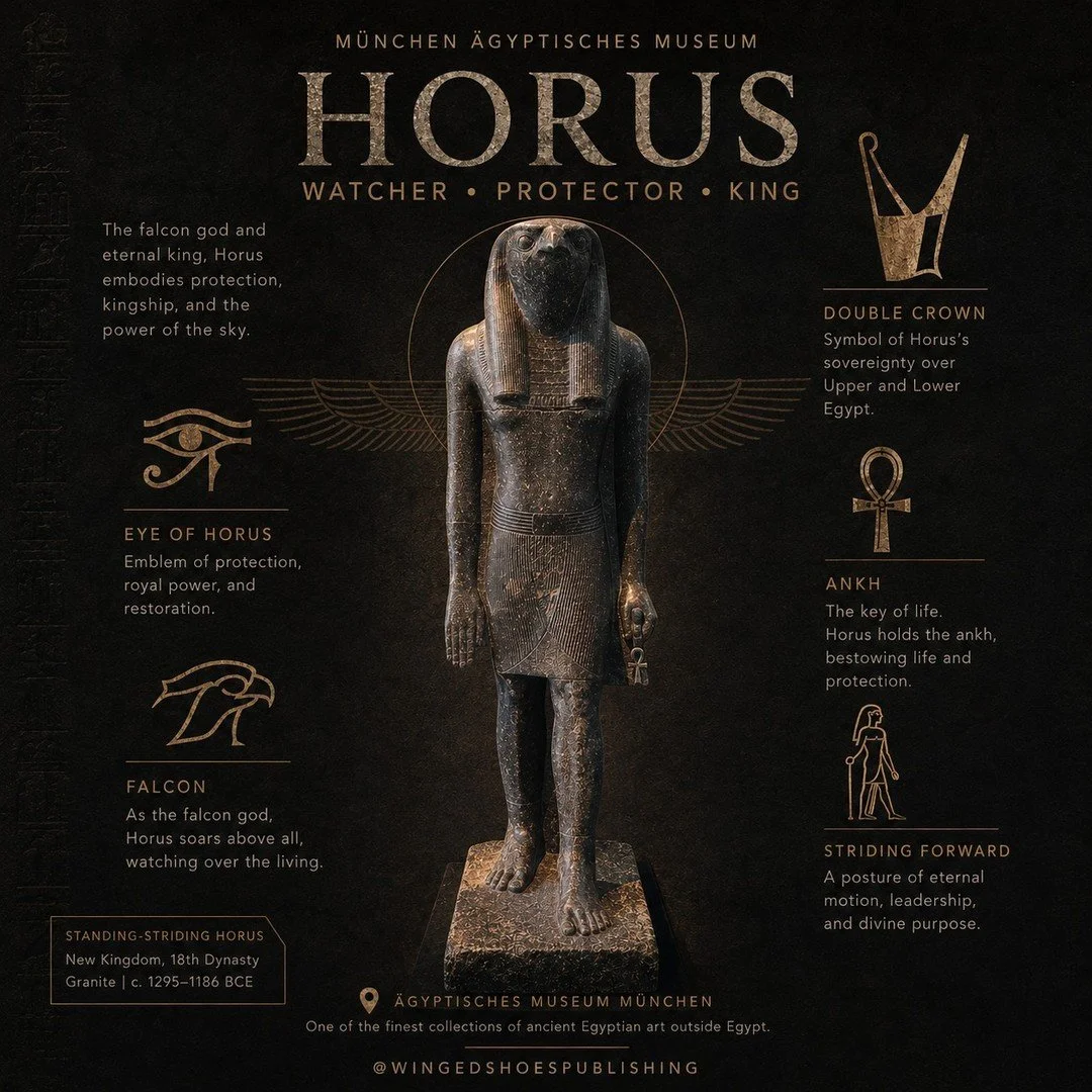 "In the silent halls of the Munich Egyptian Museum, the Standing-Striding Horus emerges from black granite like a memory carved into eternity. There is something profoundly alive about Egyptian statuary when seen in person&mdash;especially a fig