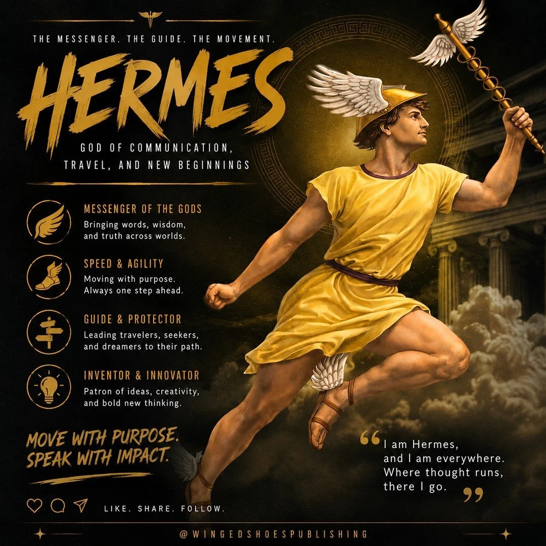 "Hermes is the intermediary between the Gods and humans. He can move swiftly between the world of man and the world of the Gods. The wings on his helmet and sandals give him great speed and the ability to fly. As he moves freely between the worl