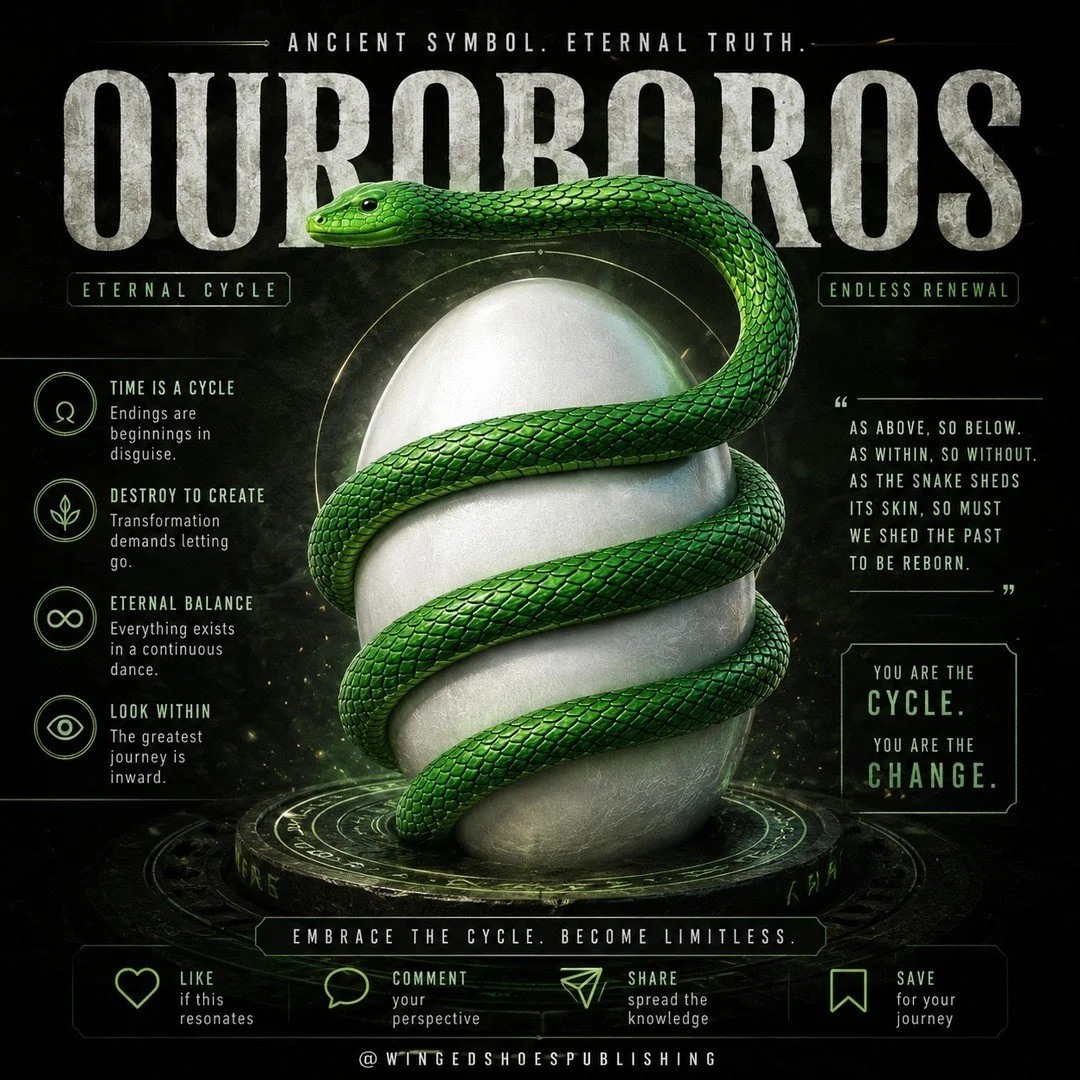 "The Ouroboros&mdash;the serpent devouring its own tail&mdash;is one of the most ancient and profound symbols in the Hermetic and Alchemical traditions. It represents the totality of existence as a self-contained, self-generating reality. Within