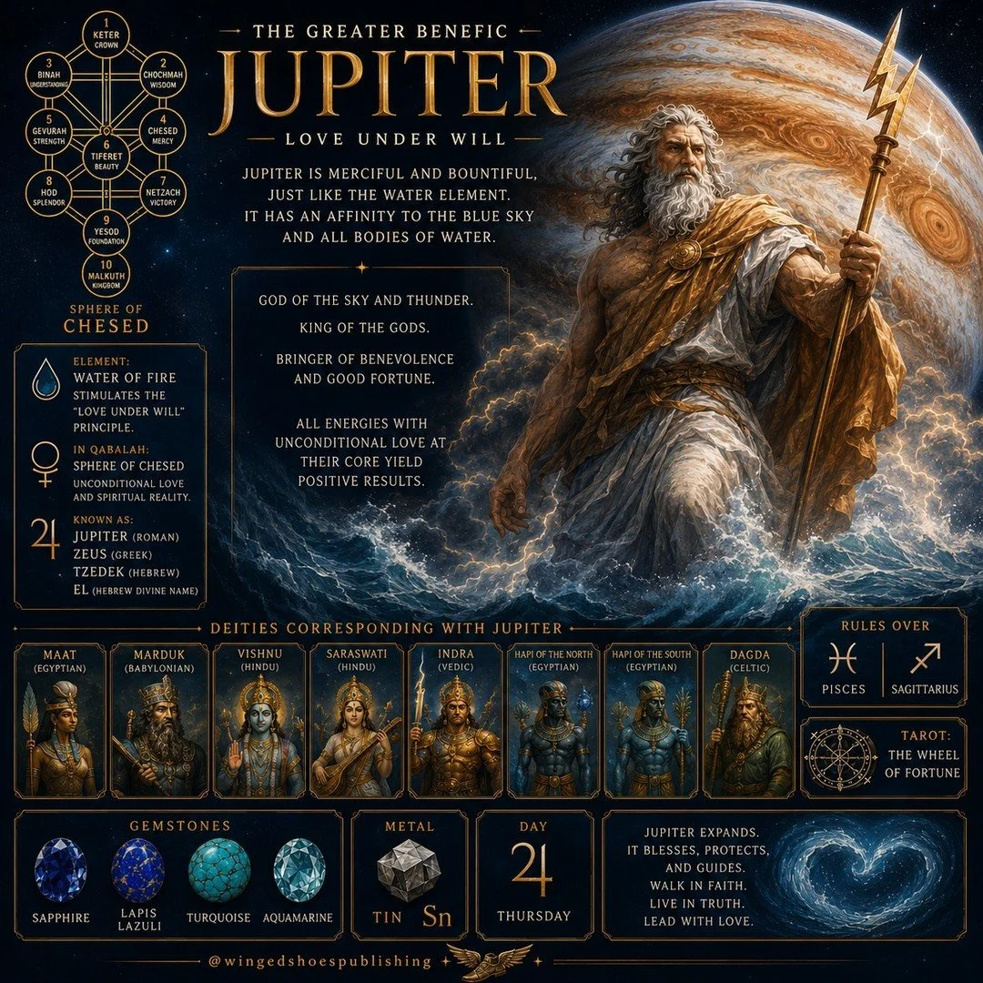 "Jupiter is attributed to the Sphere of Chesed in the Qabalah. It has an affinity to the Element of Water; however, its energy is best described as feeling like Water of Fire since it stimulates the "Love under Will" Principle. Jupiter