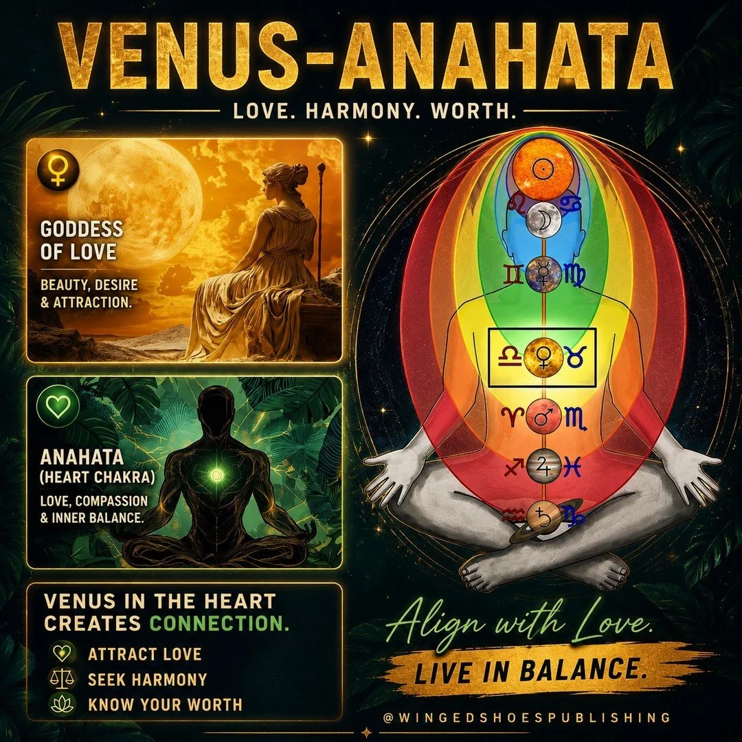 "Venus/Anahata
The Planet Venus (Shukra in Sanskrit) is the Planet of love, desire, and pleasure. Venus is a joyful and benign Planet that brings luck in friendships and romantic relationships. It rules over our capacity to accept and express af